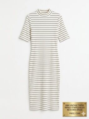 H&M Vintage Trend Ribbed Striped Mock Neck Midi Dress 2 EUC Nautical Summer EUC